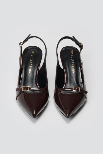 Slingback Kitten Heel - Brown Patent