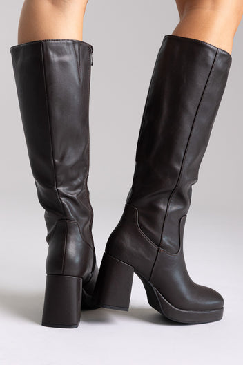 Boots Platform Block Heel - Dark Brown Matte