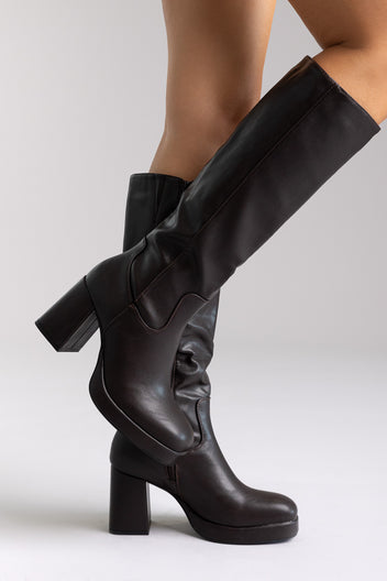 Boots Platform Block Heel - Dark Brown Matte