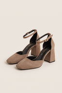 Block Heel Pumps Ankle Strap - Beige Suede