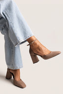 Block Heel Pumps Ankle Strap - Beige Suede