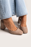 Block Heel Pumps Ankle Strap - Beige Suede