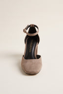 Block Heel Pumps Ankle Strap - Beige Suede
