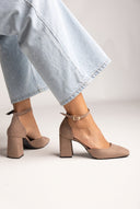 Block Heel Pumps Ankle Strap - Beige Suede