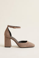 Block Heel Pumps Ankle Strap - Beige Suede