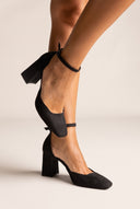 Block Heel Pumps Ankle Strap - Black Suede