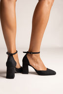 Block Heel Pumps Ankle Strap - Black Suede