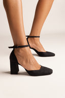 Block Heel Pumps Ankle Strap - Black Suede