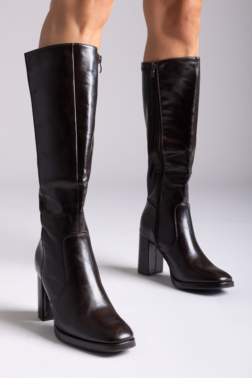 Block Heel Stretch Boots - Dark Brown Matte