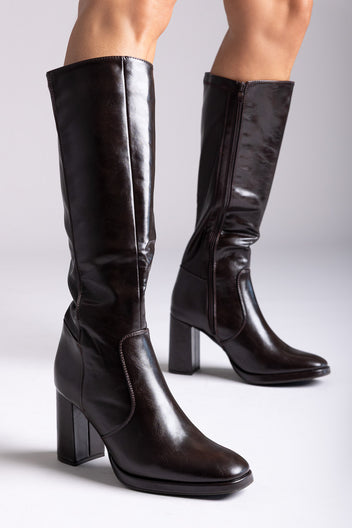 Block Heel Stretch Boots - Dark Brown Matte