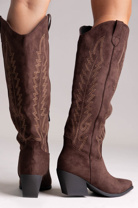 Cowboy Boots Block Heel - Brown Suede