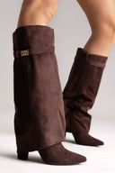 Μπότες Mε Ψηλό Χοντρό Τακούνι - Καφέ Σουέτ