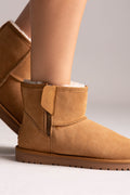 Fur Lined Ankle Boots Side Zip - Camel Suede