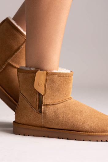Fur Lined Ankle Boots Side Zip - Camel Suede