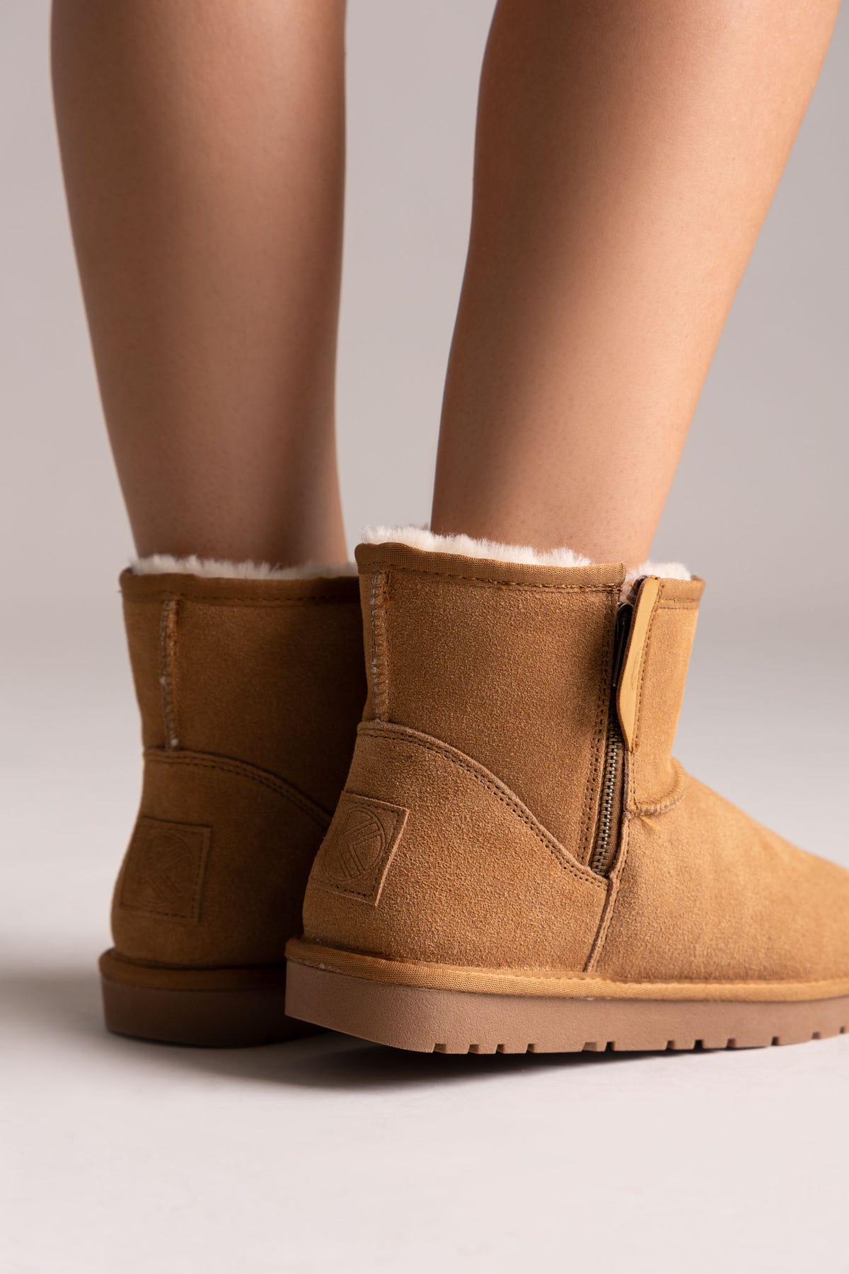 Fur Lined Ankle Boots Side Zip - Camel Suede