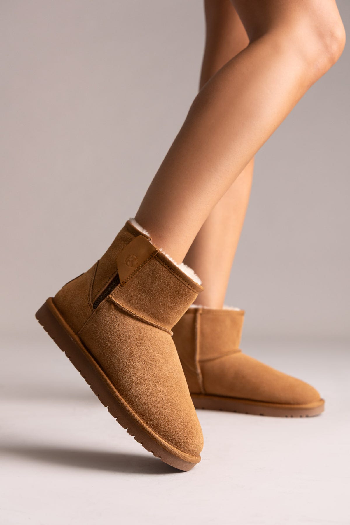 Fur Lined Ankle Boots Side Zip - Camel Suede