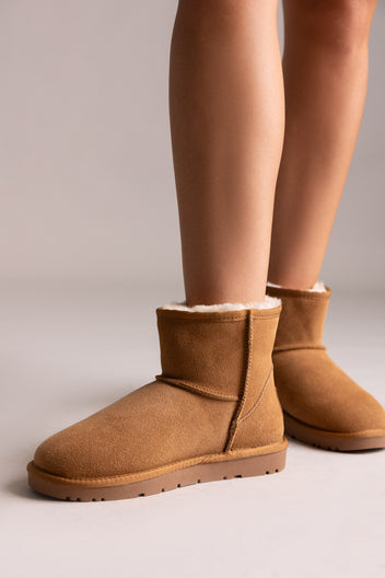 Fur Lined Ankle Boots Side Zip - Camel Suede