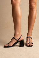 T Strap Block Heel Sandals - Black Matte