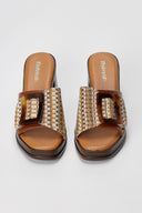 Block Heel Mules Oversized Buckle - Tan Matte