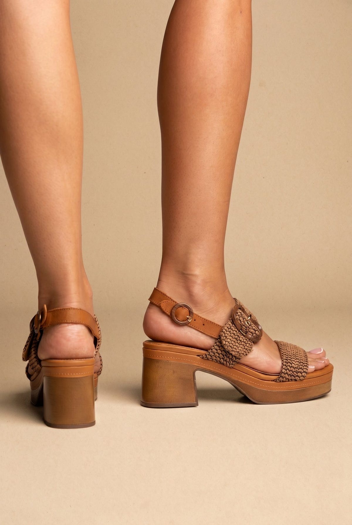 Platform Block Heel Sandals - Camel