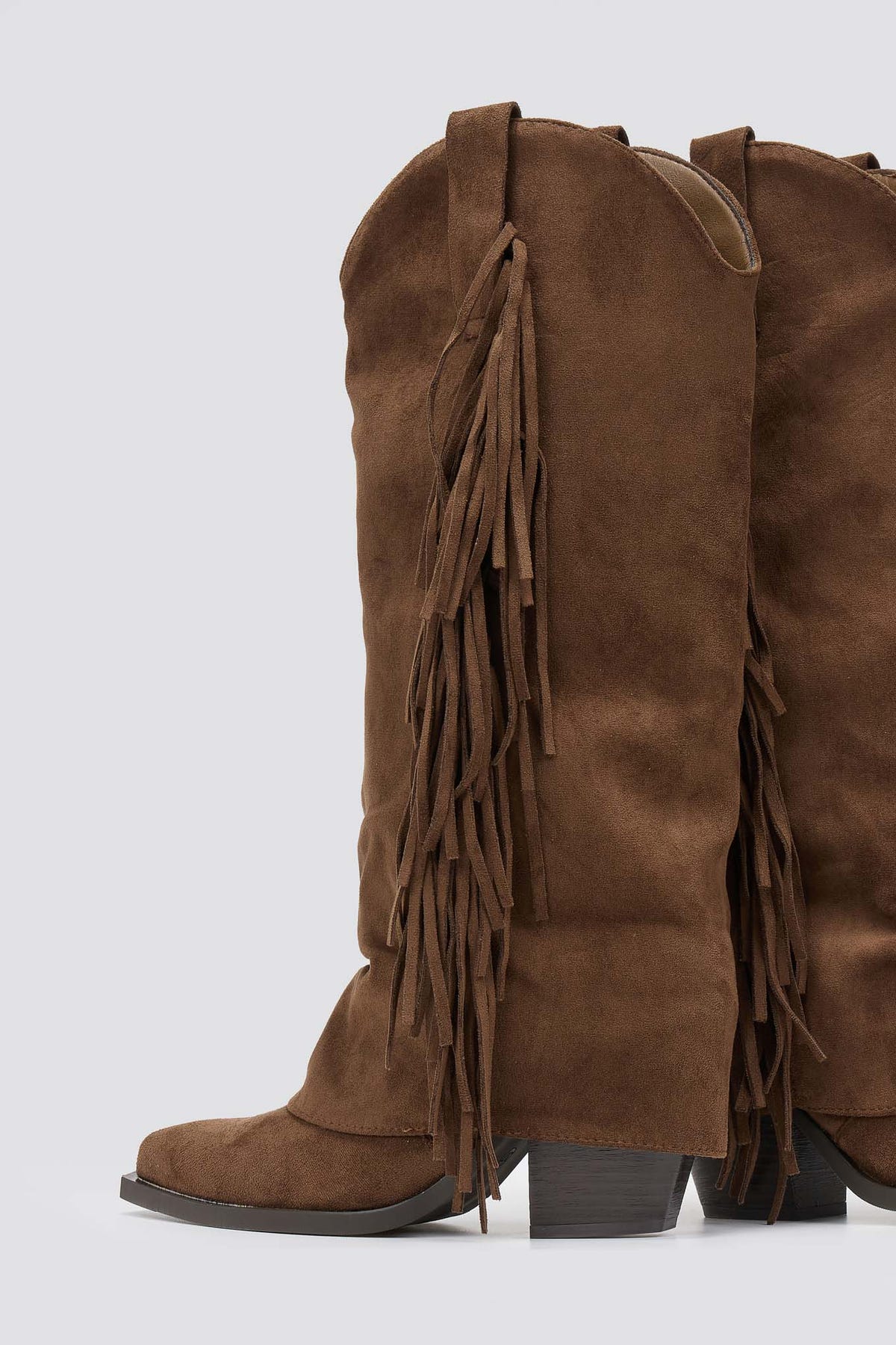 Dark brown suede fringe knee-high western boots with block heel, pair view on grey background