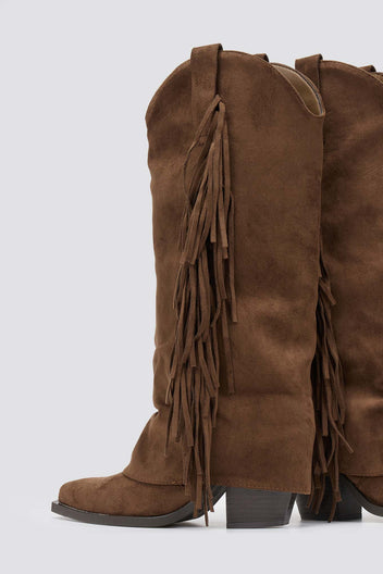 Dark brown suede fringe knee-high western boots with block heel, pair view on grey background
