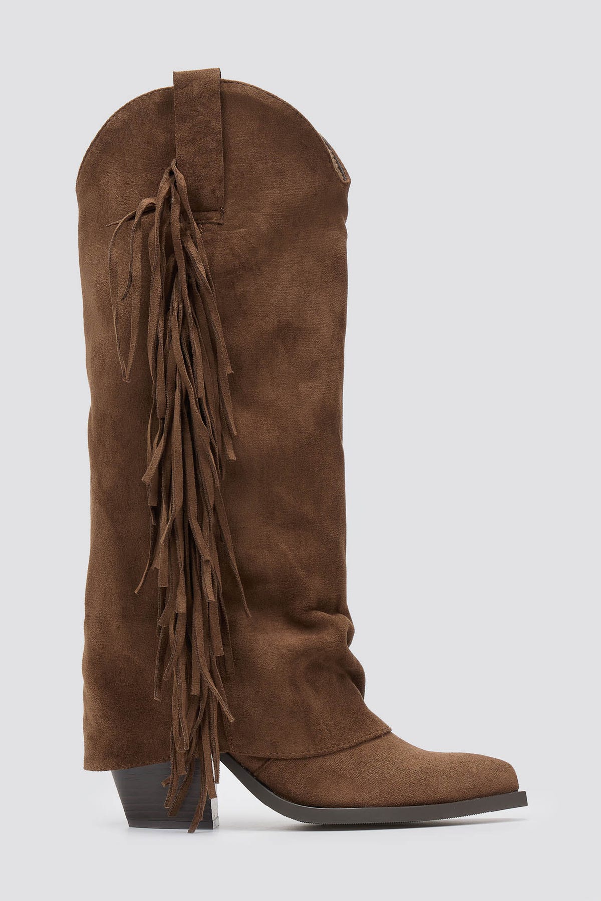 Dark brown suede fringe knee-high western boots with block heel, side view on grey background