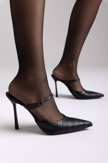Mules stiletto con Croc estampado - Coco negro