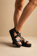 Δερμάτινα Flatform σανδάλια - Μαύρο Ματ