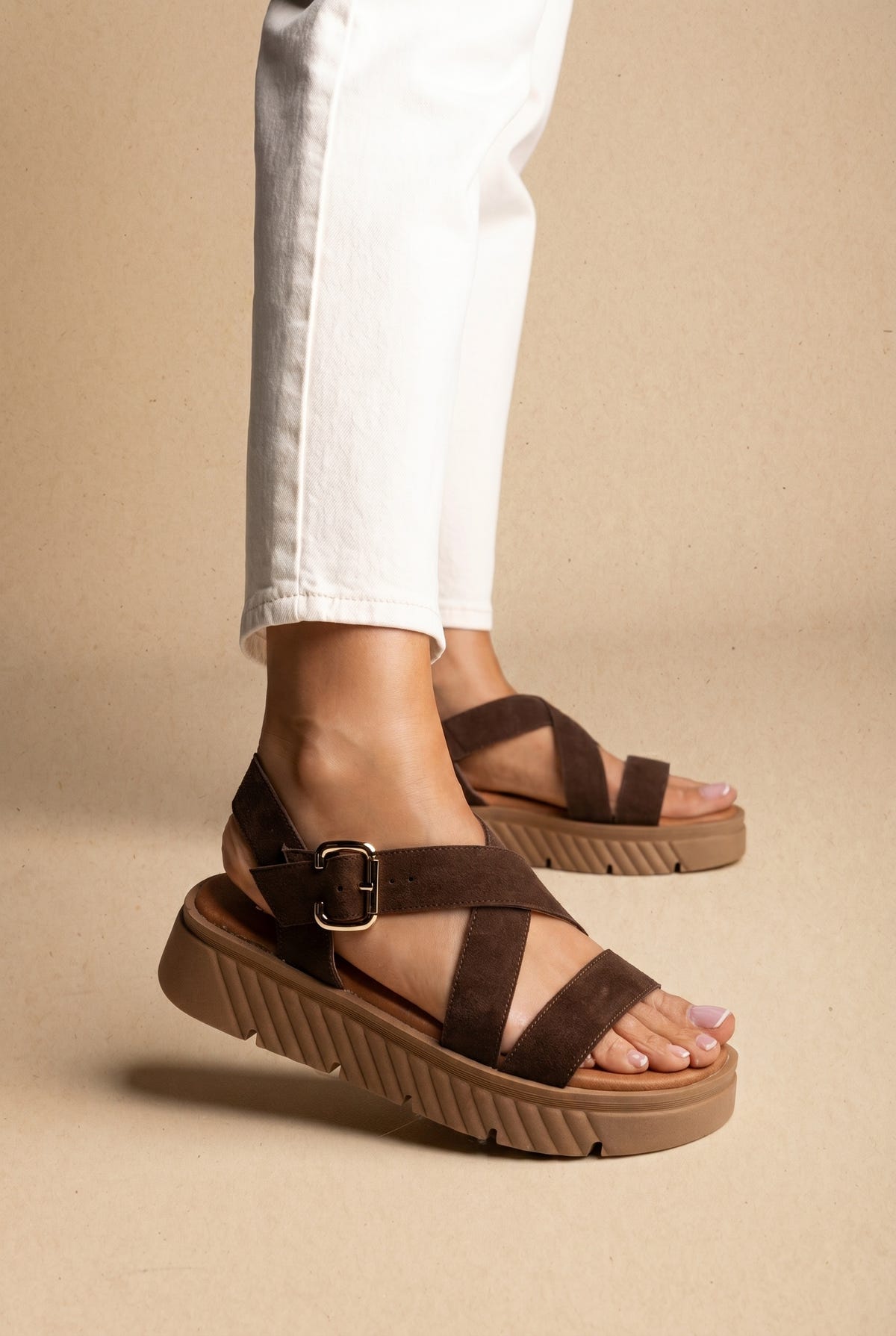 Sandales Flatform en cuir - Daim marron