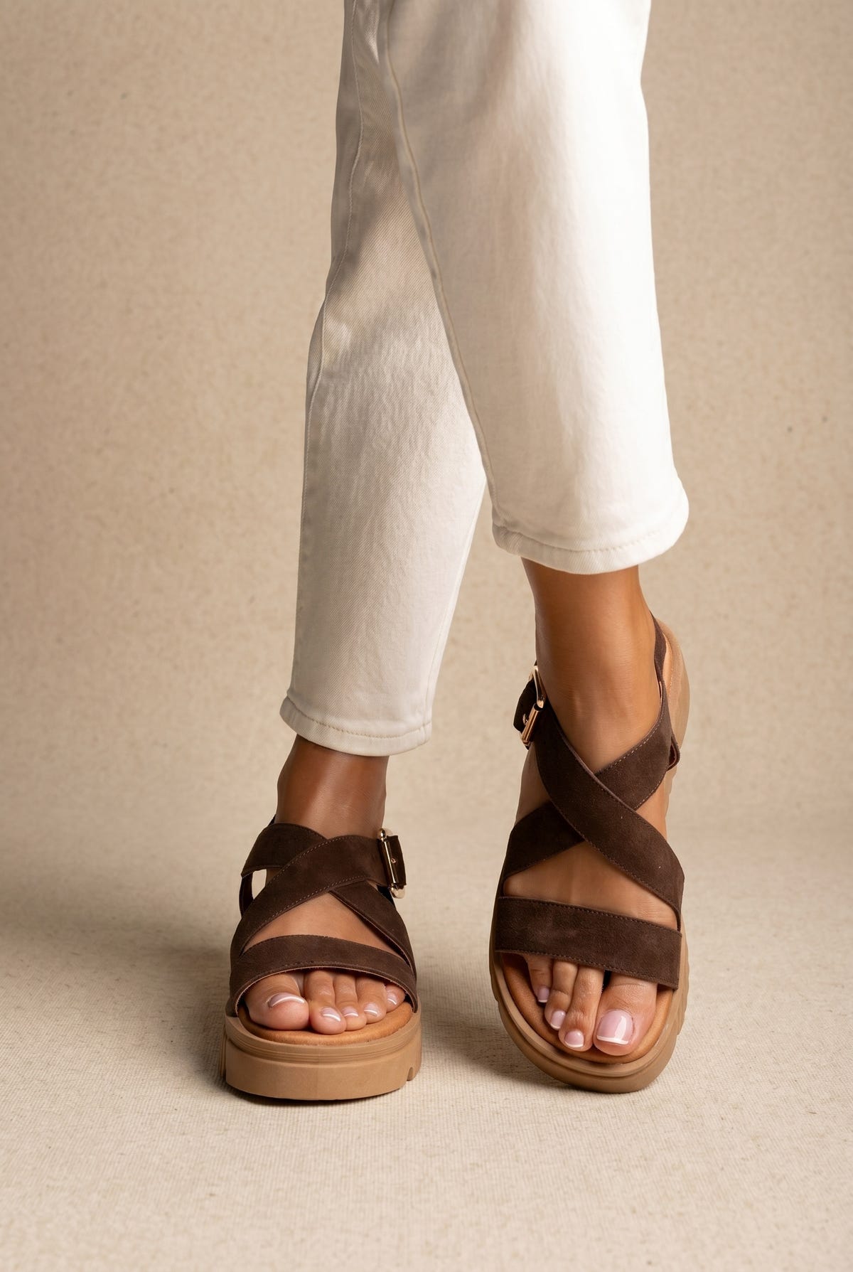 Sandales Flatform en cuir - Daim marron