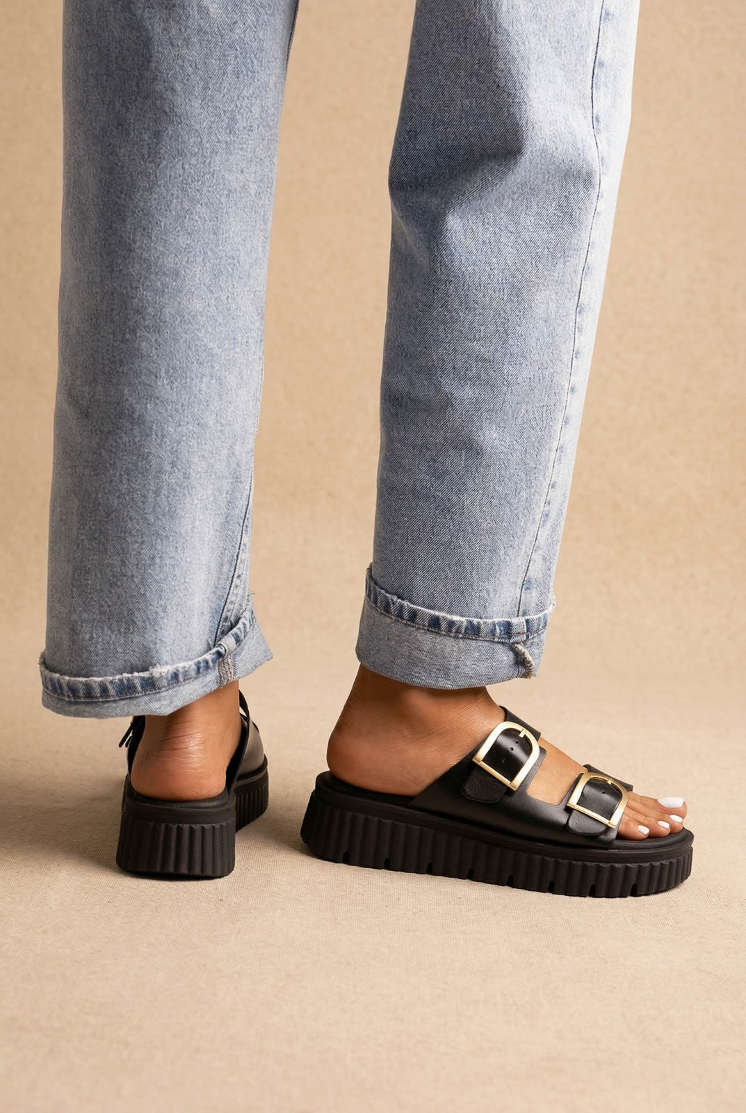 Leather Flatform Sandals - Black Matte
