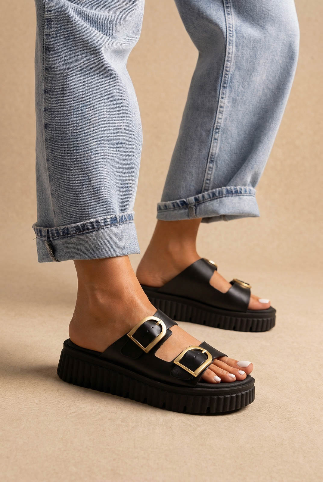 Leather Flatform Sandals - Black Matte