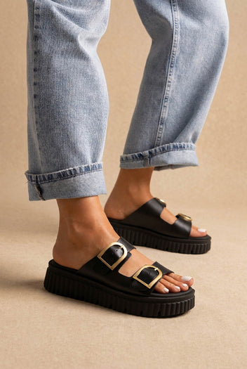 Leather Flatform Sandals - Black Matte