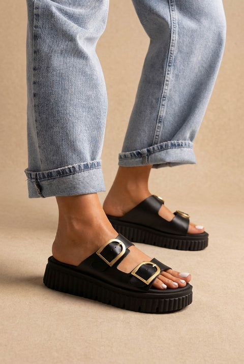 Sandali flatform in pelle - Nero opaco