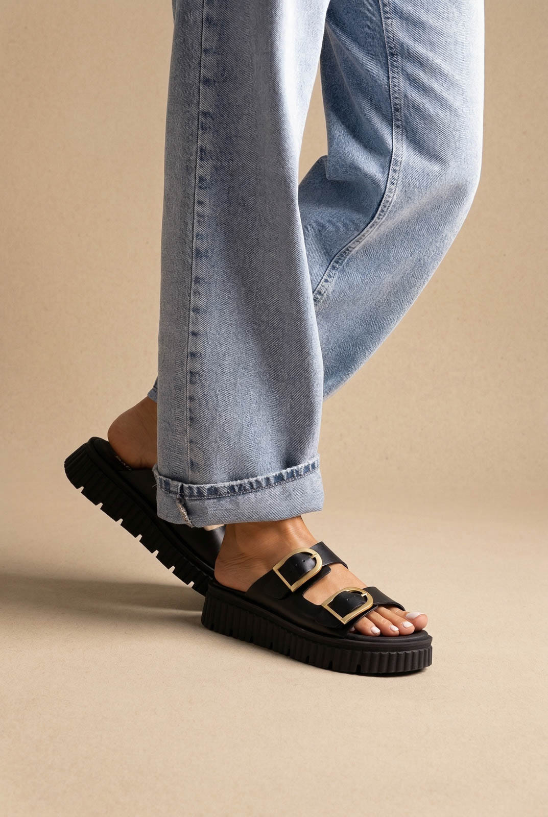 Leather Flatform Sandals - Black Matte
