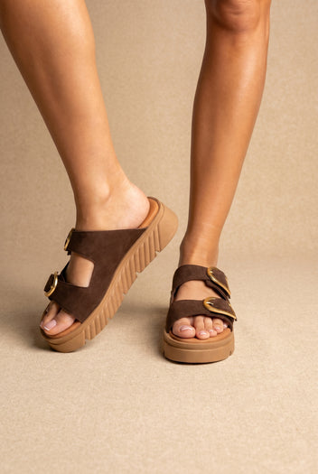 Flatform Sandals - Brown Suede