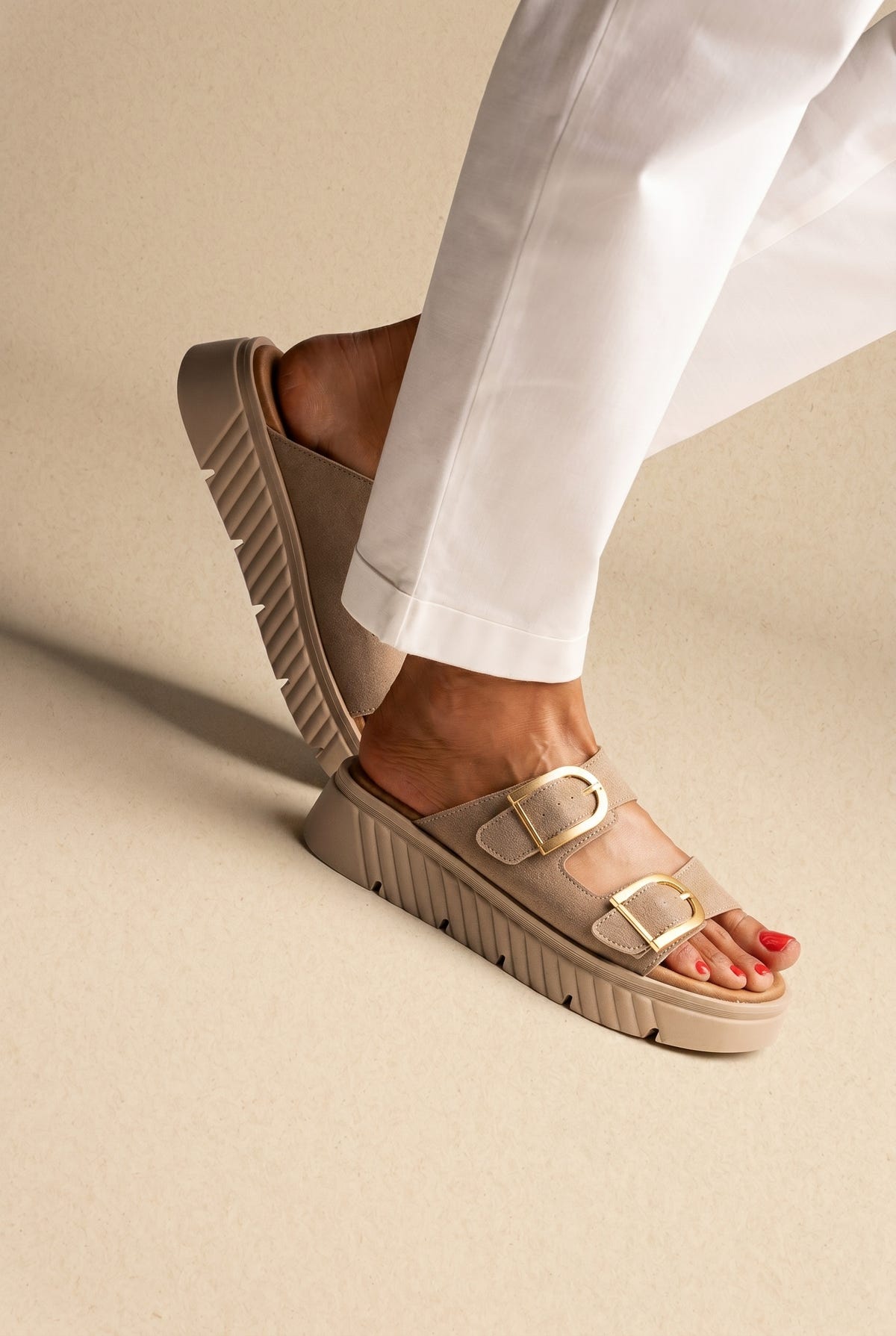 Flatform Sandals - Beige Suede