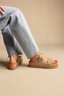 Flatform Sandals Statement Buckle - Beige Suede