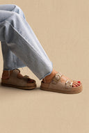 Flatform Sandals Statement Buckle - Beige Suede