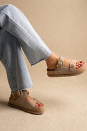 Flatform Sandals Statement Buckle - Beige Suede