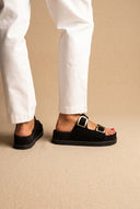 Flatform Sandals Statement Buckle - Black Suede