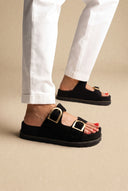 Flatform Sandals Statement Buckle - Black Suede