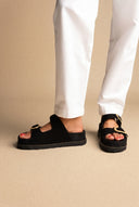Flatform Sandals Statement Buckle - Black Suede