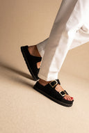 Flatform Sandals Statement Buckle - Black Suede