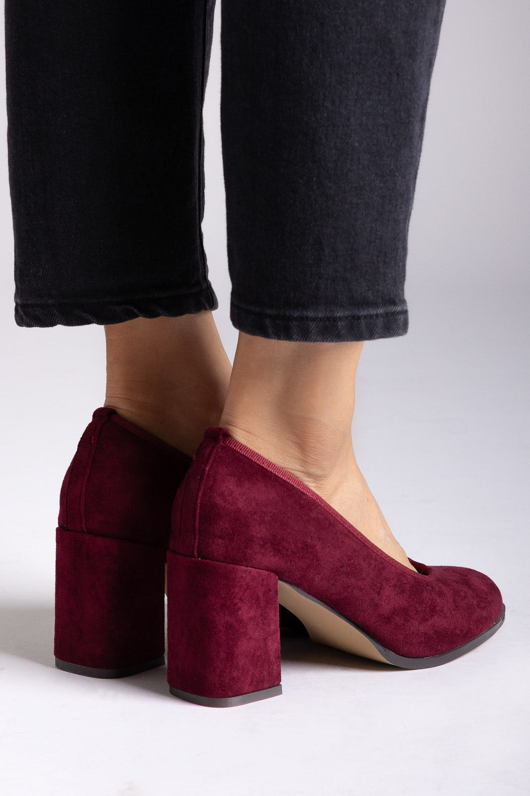 Suede Pumps Block Heel - Burgundy Suede