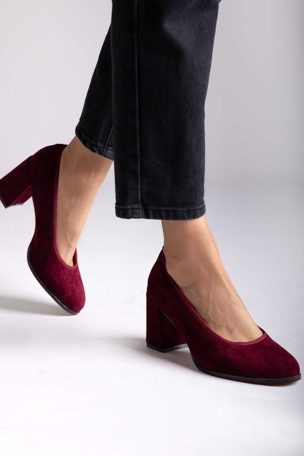 Suede Pumps Block Heel - Burgundy Suede