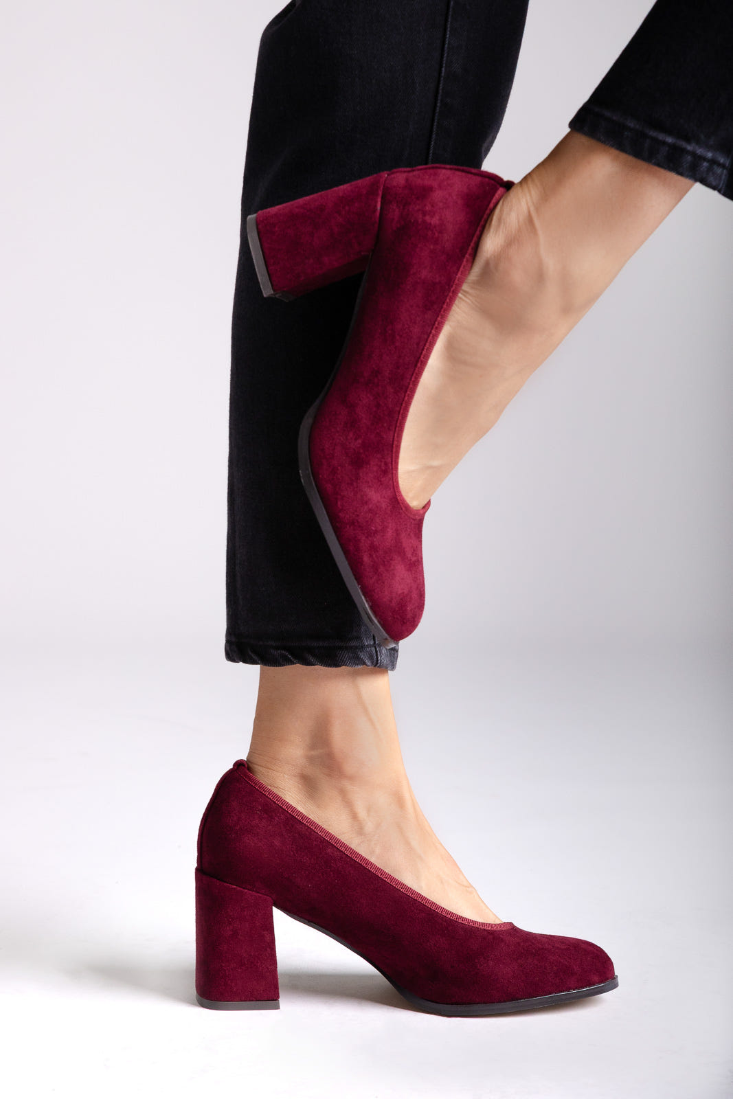 Suede Pumps Block Heel - Burgundy Suede