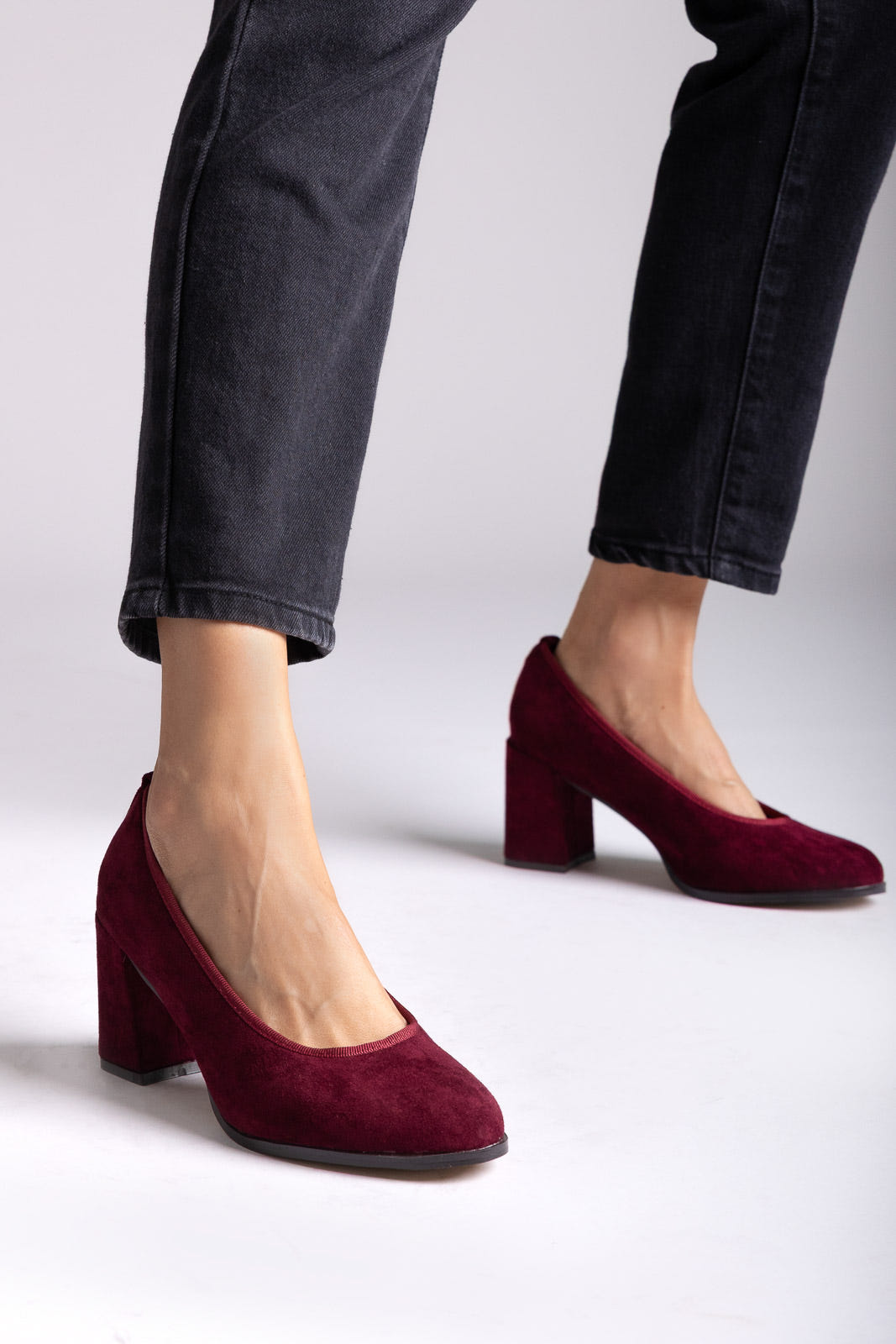 Suede Pumps Block Heel - Burgundy Suede