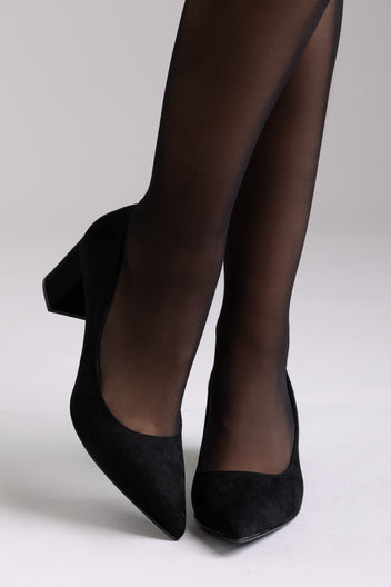 Block Heel Spitz Toe Pumps – Black Veloursleder